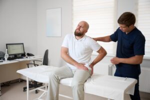 A man sits on an exam table holding his lower back in pain while a healthcare professional examines him in a medical office.